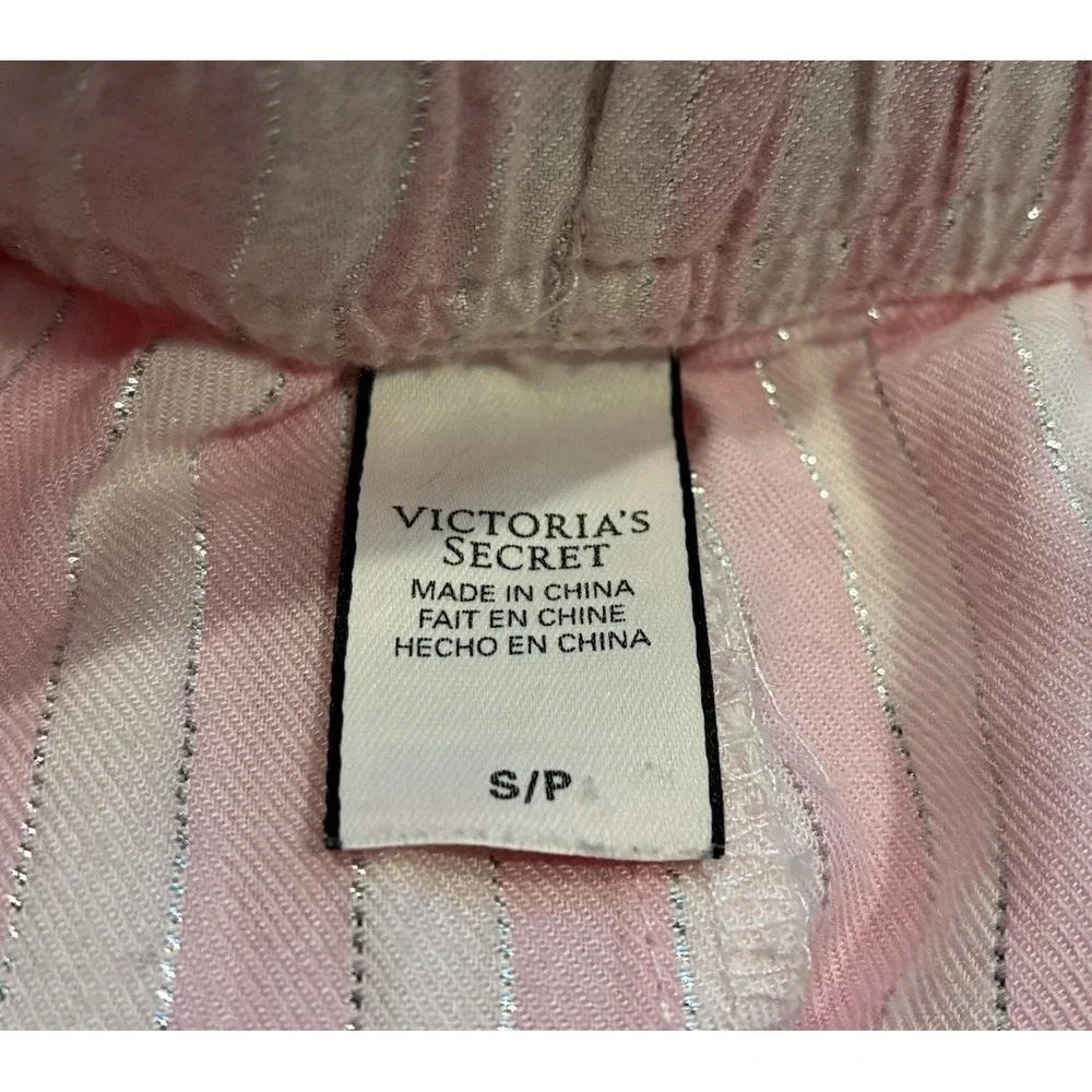 Victorias Secret Pink Striped 2 Pc Pajama Pant Set Silver Shimmer PJs Womens S